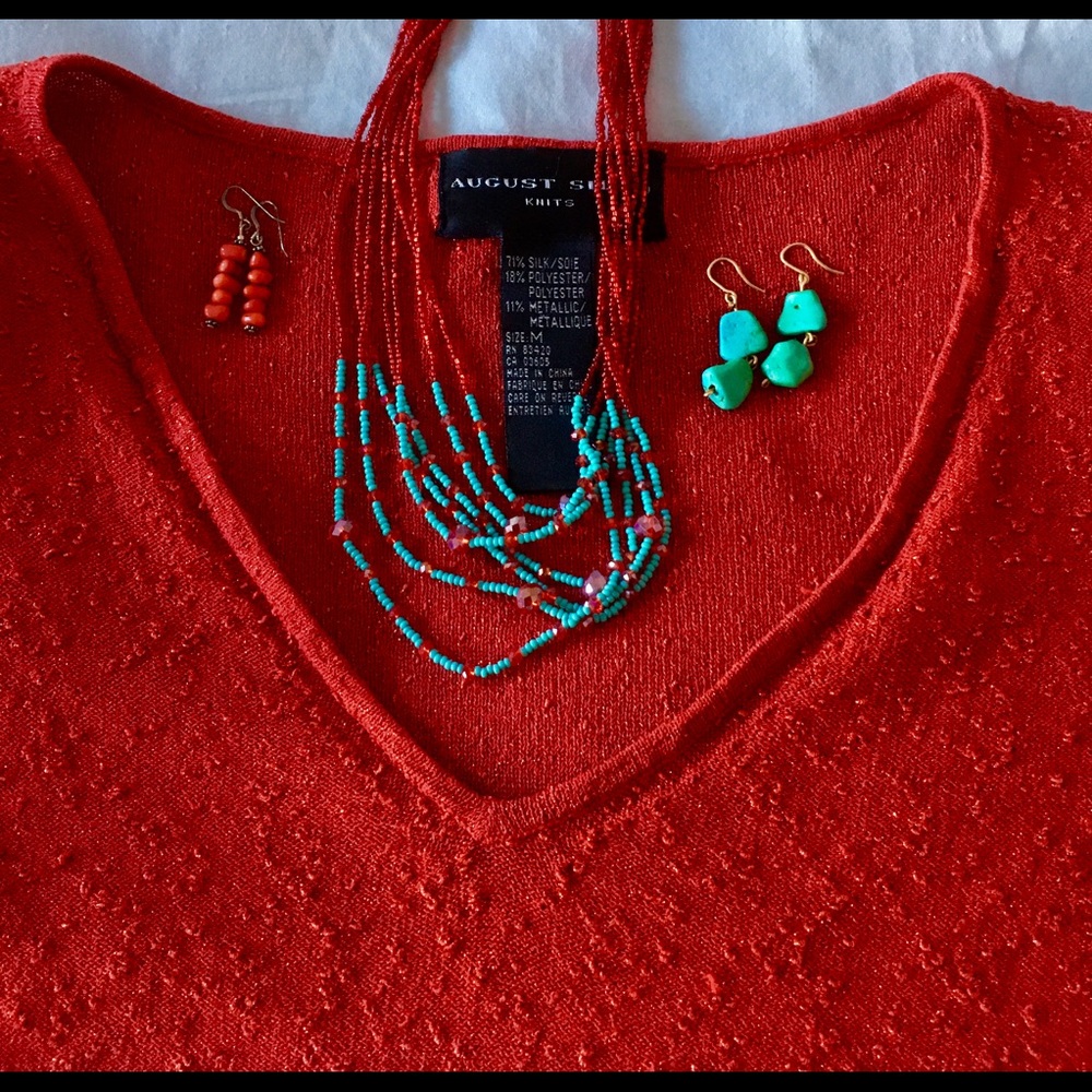 August Silk Red V-Neck Sparkle Top